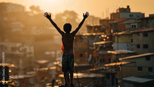 Boy raising arms in favela at sunset, celebrating freedom and hope.