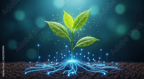 Futuristic digital plant growing from the earth, symbolizing technology, innovation, and sustainable growth concepts