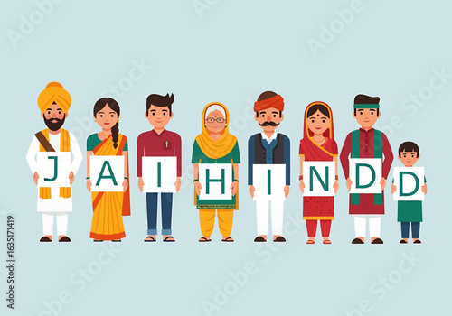 A diverse group of Indian people in traditional clothing holding signs that spell Jai Hind. Vector Illustrations. EPS Editable