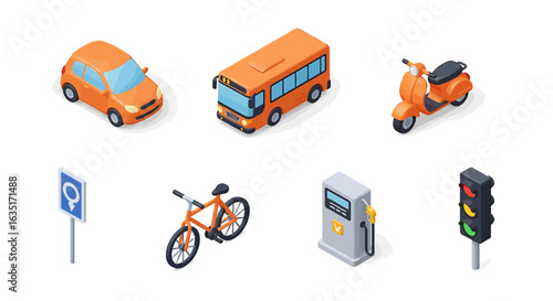 A vibrant set of isometric transport illustrations car bus scooter bicycle gas pump traffic light and parking sign for urban city concepts. Vector Illustrations. EPS Editable