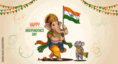 Patriotic cartoon of Lord Ganesha holding the Indian flag with his mouse companion saluting. Vector Illustrations. EPS Editable
