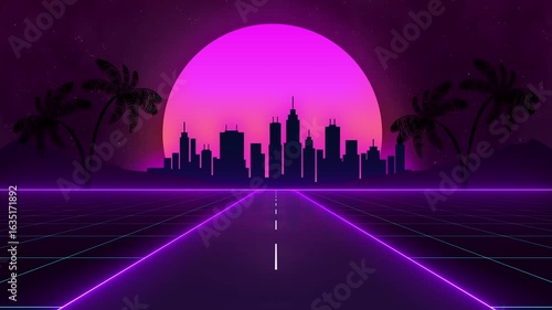 A nighttime scene of a futuristic cityscape with palm trees on either side of a glowing road. The sky is dark purple with a large, pink sun setting in the background