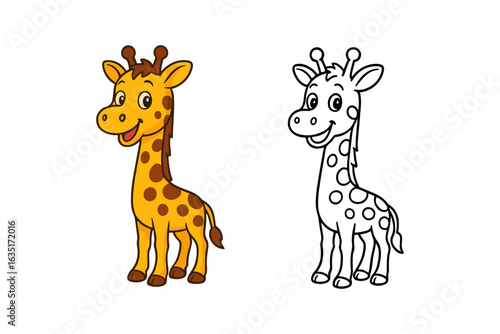Cartoon giraffe sketch, colored and outline for kids coloring book.