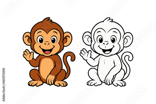 Cartoon monkey sketch, colored and outline for kids coloring book.