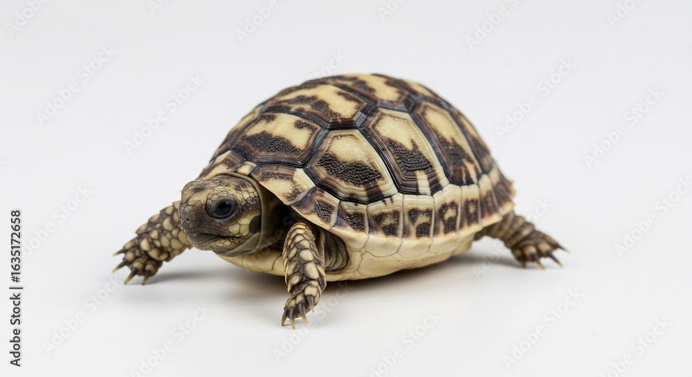 Fototapeta premium Adorable baby tortoise slowly crawls across bright white background. AI Generated