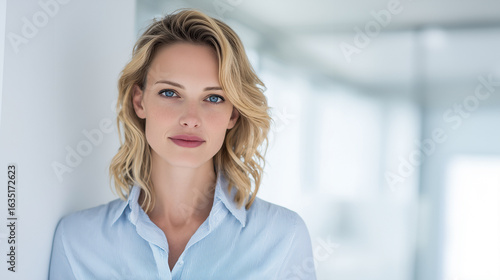 Free Download woman with light wavy hair in light blue shirt standing in bright modern office, blurred space on the right - GFXLoad