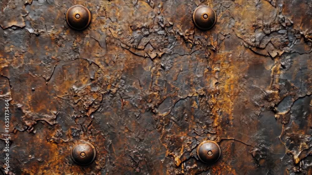 Close-up view of a weathered metal surface showcasing rust and texture with rivets