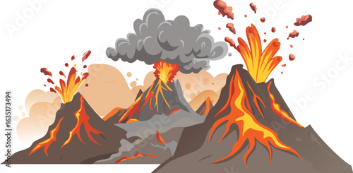 Cartoon illustration of a volcanic eruption with vibrant lava flow and smoke billowing from the volcano's peak.