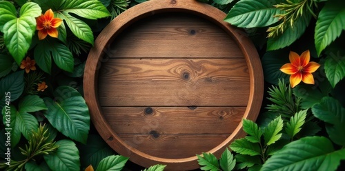 Fototapeta Naklejka Na Ścianę i Meble -  Circular wooden frame, vibrant jungle foliage, jungle, palm