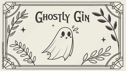 Ghostly gin label design with cute ghost illustration and botanical elements for halloween themed product 100