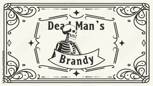 Dead man's brandy label vintage skeleton liquor bottle design antique style alcohol beverage label illustration