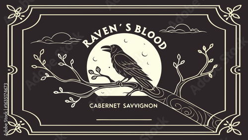 Raven's blood cabernet sauvignon wine label design with raven illustration for product branding and marketing