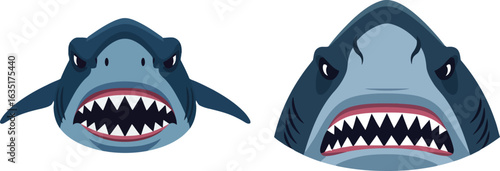 Two shark clipart heads, showcasing open jaws and menacing expressions, facing forward.