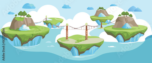 An illustration of a bridge spanning a river, with a mountain backdrop under a clear blue sky.