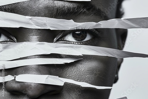 Serious young African American woman partially obscured by paper in studio. Dramatic lighting enhances mysterious mood of the scene.