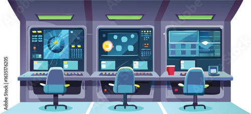 Control room of a space station featuring multiple monitors and computers for mission operations.