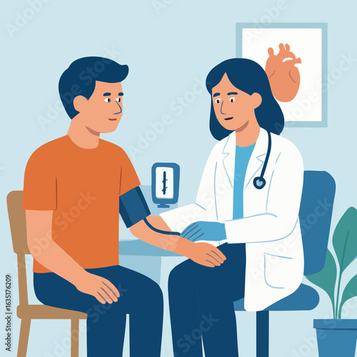 Doctor checking patient’s blood pressure – flat medical illustration of healthcare consultation in clinic with physician and male patient