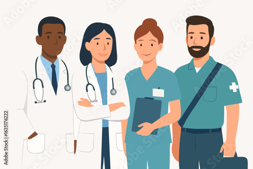 Medical team illustration – group of doctors and nurses standing together, flat vector healthcare professionals concept