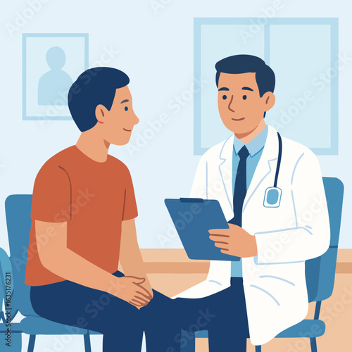 Doctor consulting male patient in hospital or clinic – flat vector illustration of medical checkup, healthcare service, patient care concept