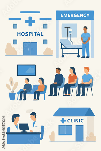 Flat Design Medical Illustration of Hospital, Clinic, and Emergency Room Concept
