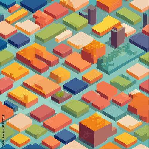 A stylized isometric illustration of a miniature city with colorful geometric block buildings.