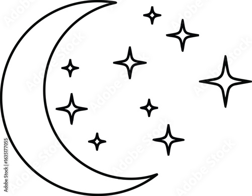 Simple line drawing of a crescent moon surrounded by several four-pointed stars, all in black and white.
