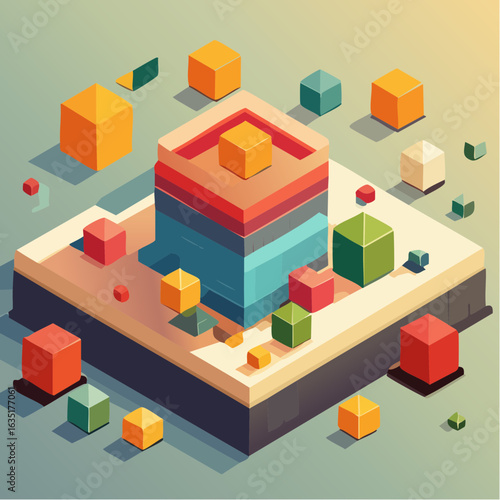 An isometric illustration of a central, multi-layered structure surrounded by colorful geometric cubes on a platform.