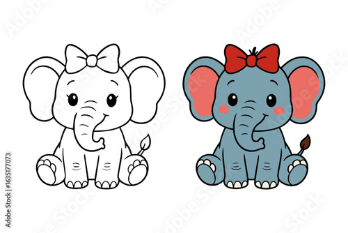 Cute cartoon baby elephant girl sketch with a bow, colored and outline version for a children's coloring book.