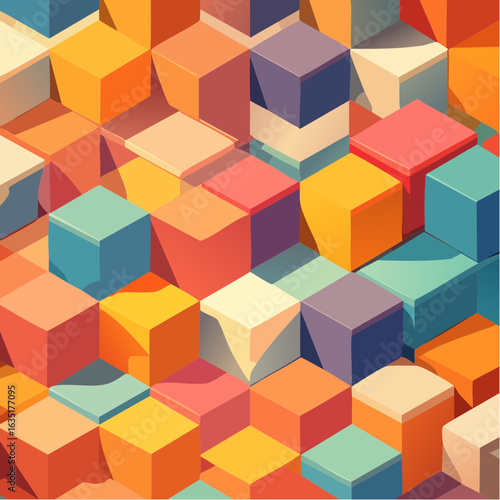 A colorful abstract background featuring a repeating isometric pattern of 3D geometric cubes.