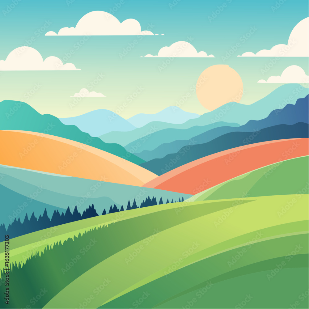 Obraz premium A colorful illustration of rolling hills and mountains under a sunny sky.