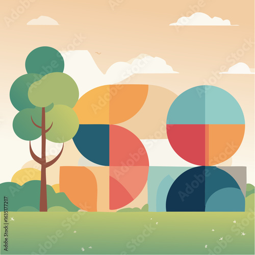Modern abstract art sculpture made of colorful geometric shapes situated in a serene park landscape.