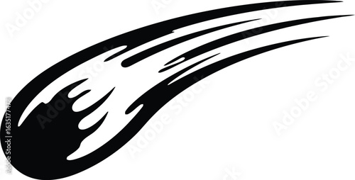 Graphic illustration of a comet with a fiery tail streaking across a white background.