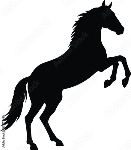 A stark black silhouette of a horse clipart rearing up on its hind legs, displaying power.