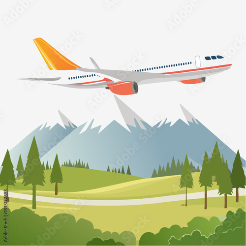 Airplane soaring over scenic mountain landscape illustration perfect for travel themes