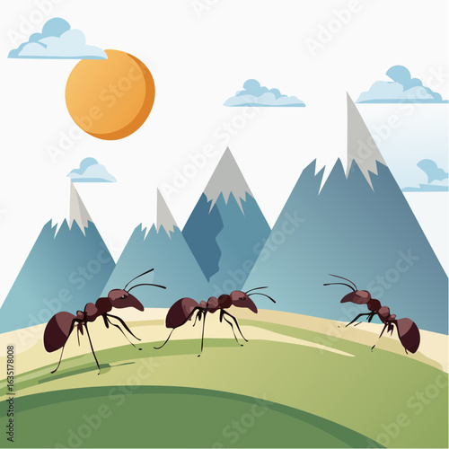 Ants' Journey: A cartoon illustration featuring ants in a mountainous landscape with a bright sun