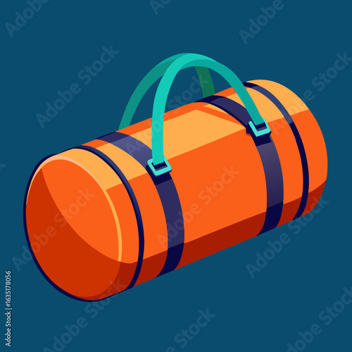 Bright orange duffel bag with blue straps and teal handles isolated on a dark blue background