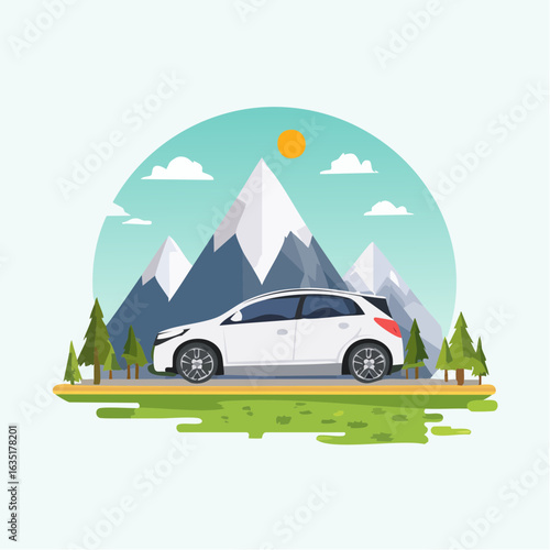 White car driving through a picturesque mountain landscape on a sunny day outdoors