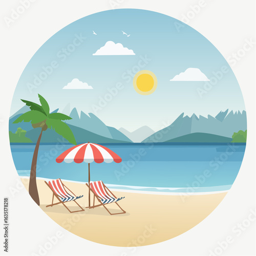 Idyllic Tropical Beach Scene with Palm Tree, Chairs, and Serene Ocean View Illustration