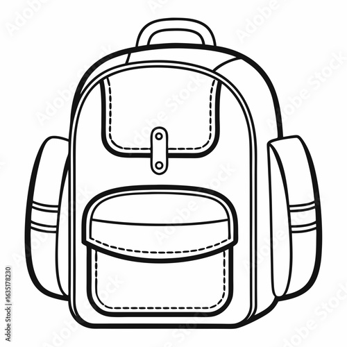 Simple black and white line drawing of a classic backpack with front pockets and side pouches