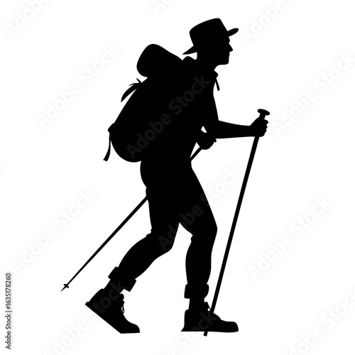 Silhouette of a hiker with a backpack and trekking poles walking on a white background