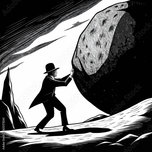 Man in suit and hat pushing a giant boulder uphill against dramatic sky