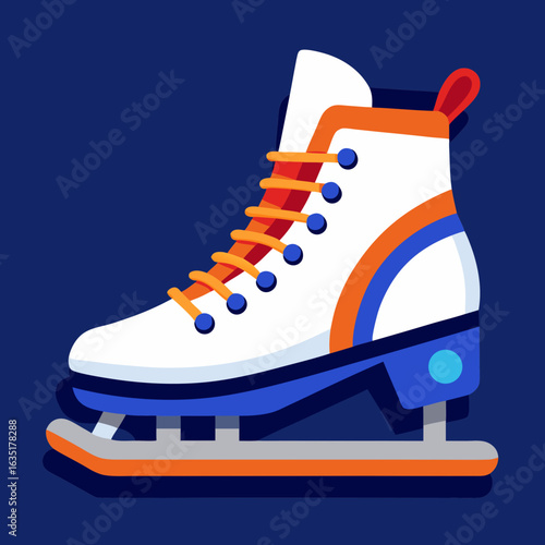 Stylized illustration of a white ice skate with orange and blue accents on a dark blue background