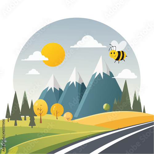 Cartoon landscape showcasing mountains, trees, a cheerful bee, and a sunny sky backdrop