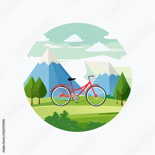 Stylized bicycle illustration amidst a serene mountain landscape for outdoor adventures