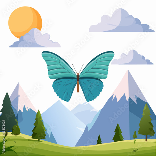 Colorful butterfly soaring above a serene landscape of mountains and sunlit meadow