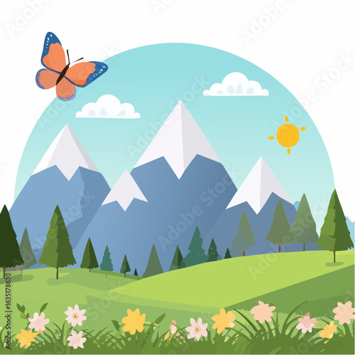 A Serene Mountain Landscape with Vibrant Butterfly, Evergreen Trees and Blooming Flowers
