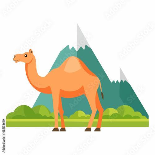 A serene camel illustration with majestic mountain backdrop and lush green landscape