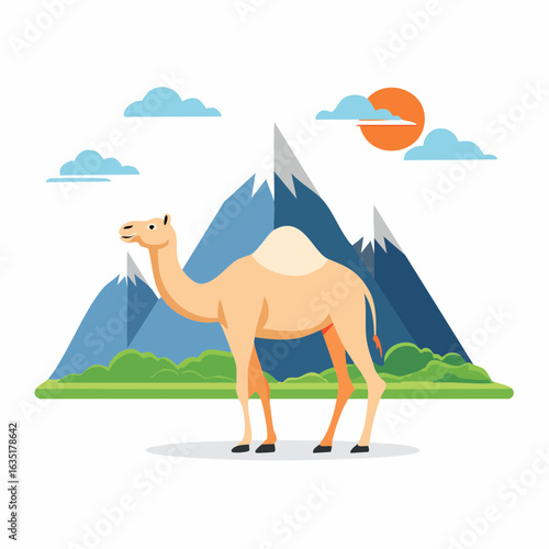 Majestic Camel in a Serene Desert Landscape Illustration with Mountain Backdrop