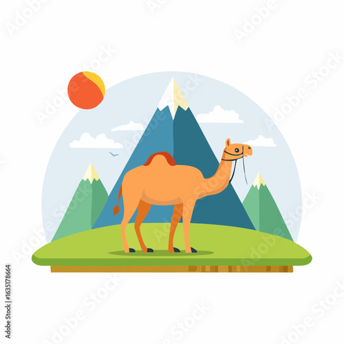 Majestic Camel Journey: An Animated Desert Scene with Mountains and Sun Illustration