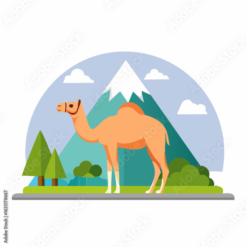 Cartoon Camel in a Desert Landscape Illustration with Mountains and Trees Graphic